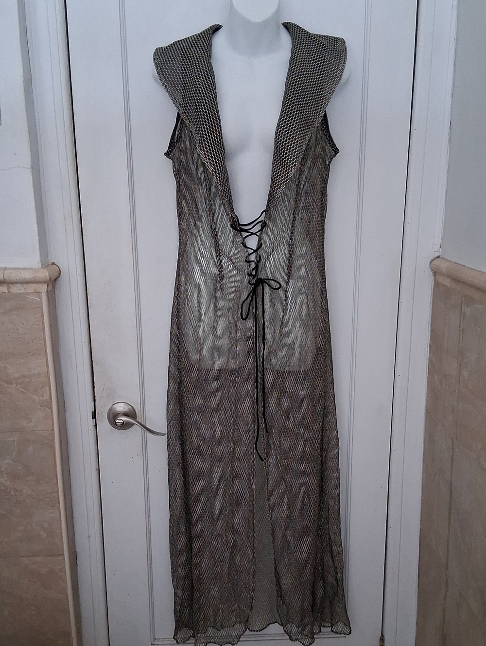 Vintage Lenovia Sheer Silver Mash Lace Maxi Dress in Metallic Tones Front Tie